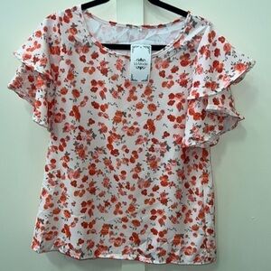 orange floral flutter sleeve top women‎